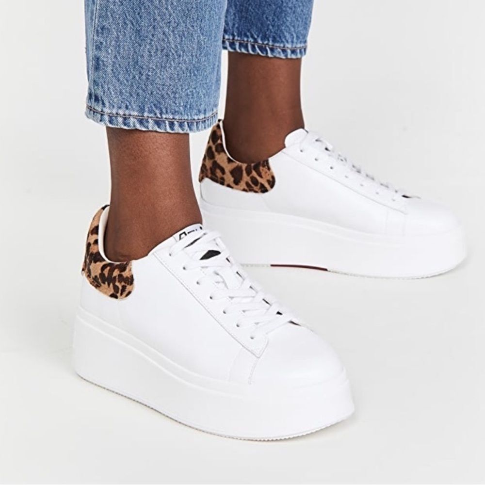 Ash White and Leopard Print Platform Sneakers